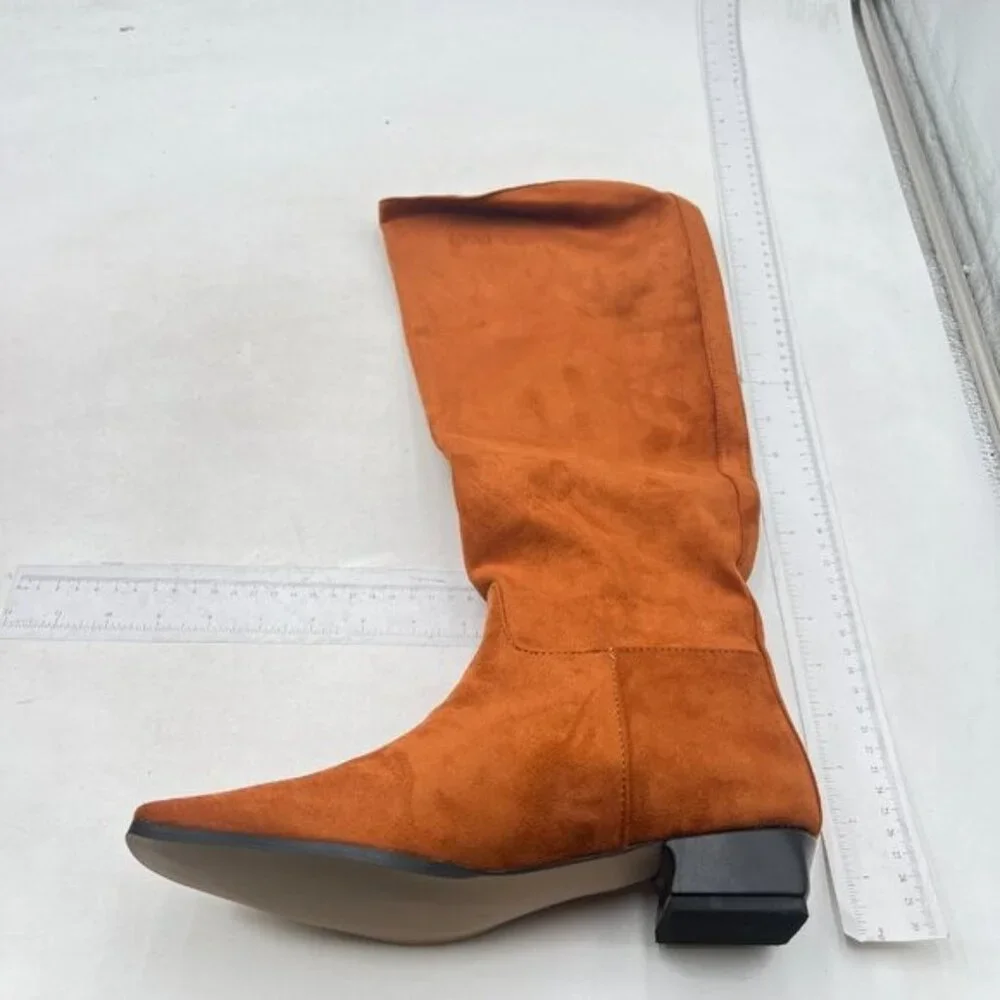 Women Square Toe Knee High Boot Wide Calf Low Chunky Heel Flat Long Boot Orange - Picture 2 of 7